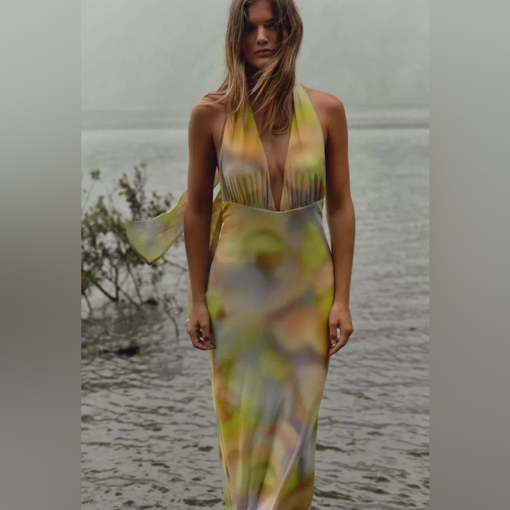 NWT ZARA MULTICOLOUR TIE DYE PRINT OPEN BACK LONG HALTER DRESS